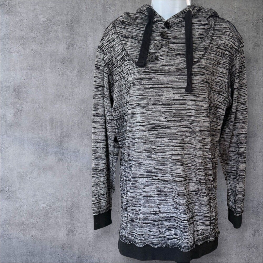 Cabelas Hoodie Womens M  Black Space Dye Button Neck Pullover Sweatshirt Pockets